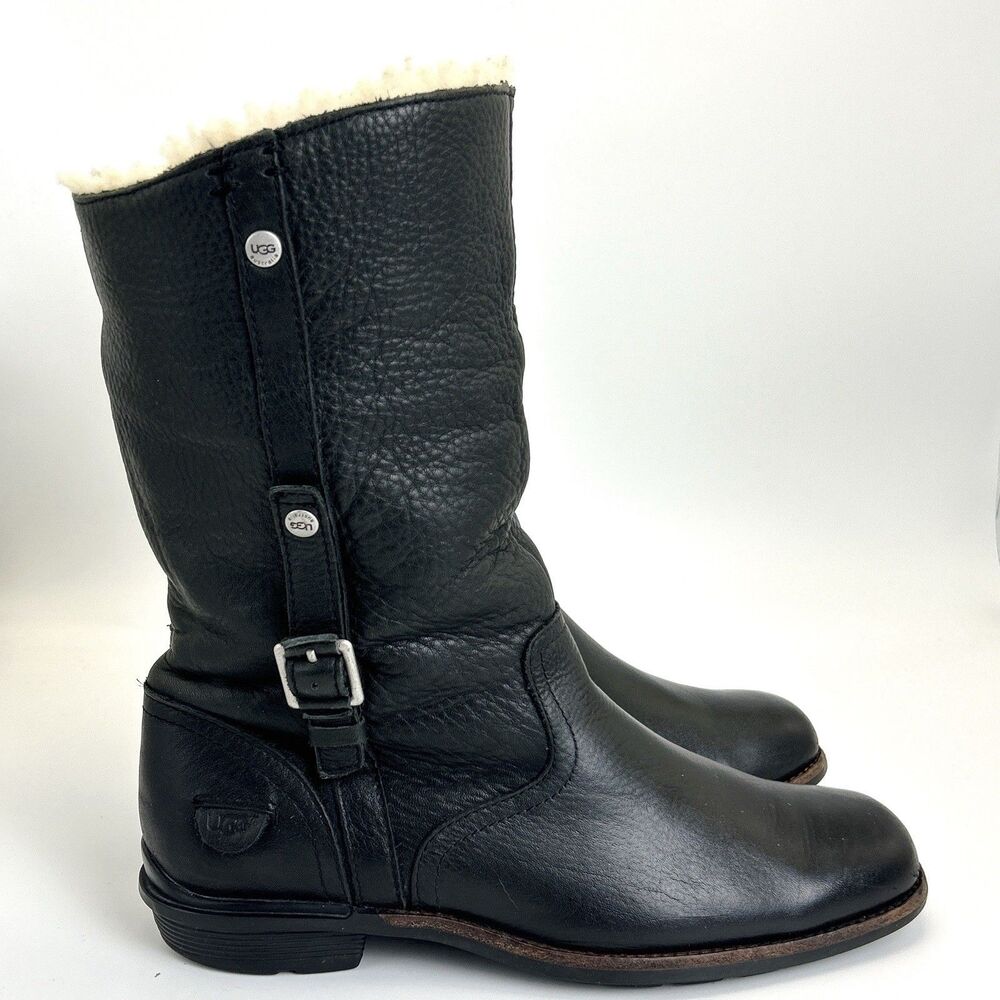 UGG Bellevue Moto Boots Women’s Sz 9 Black Leather Shearling Zip Buckle 5745 - Picture 2 of 11